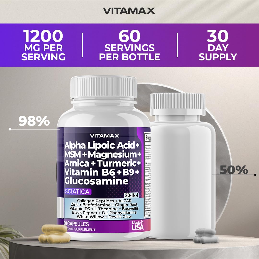 Sciatic Nerve Health Support - Sciatic Nerve Supplement Capsules with Folic Acid, Pea, Glucosamine, MSM, Vitamin B Complex, Alpha Lipoic Acid 300mg – 60ct – Made in USA Vitamax uk supplements