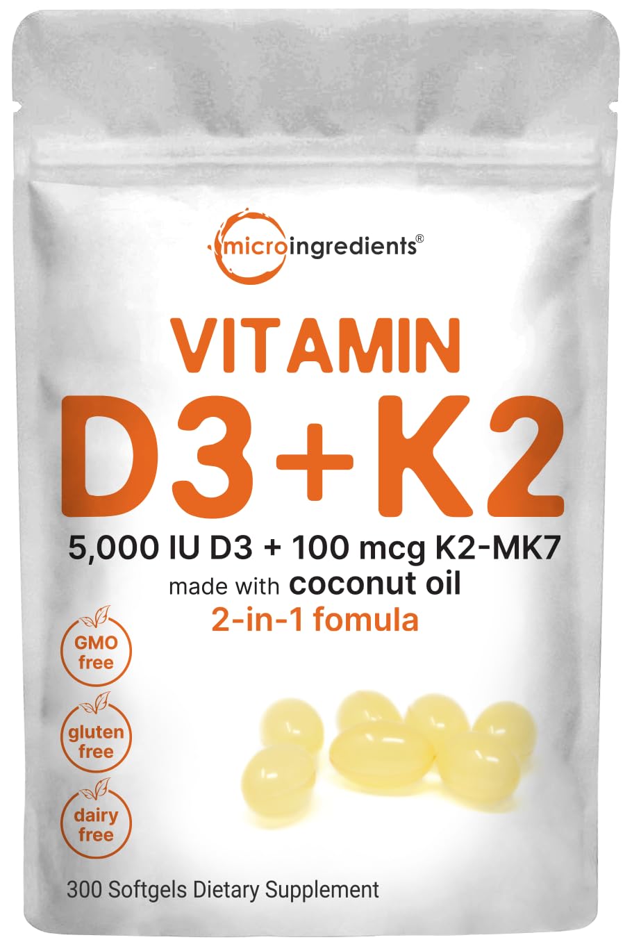 Vitamin D3 5000 IU Plus K2 (MK-7) 100 mcg, 300 Virgin Coconut Oil Softgels Micro Ingredients uk supplements