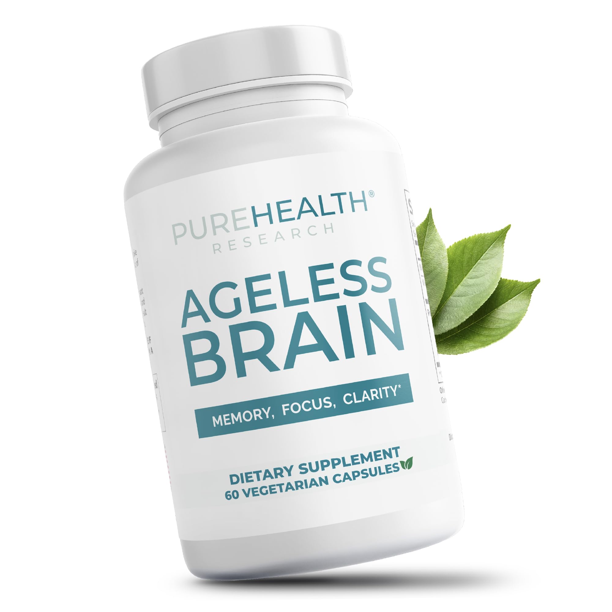 PUREHEALTH RESEARCH Ageless Brain Supplements for Memory and Focus - Nootropic Brain Health Supplement for Adults - with Bacopa Monieri, Alpha GPC, L-Tyrosine, Vitamin B6, Niacin & More, 60 Capsules PUREHEALTH RESEARCH uk supplements