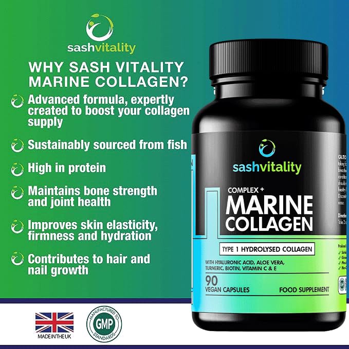 Marine Collagen Supplements - 90 Capsules with Vitamin C, Vitamin E, Hyaluronic Acid, Aloe Vera, Turmeric SASH Vitality uk supplements