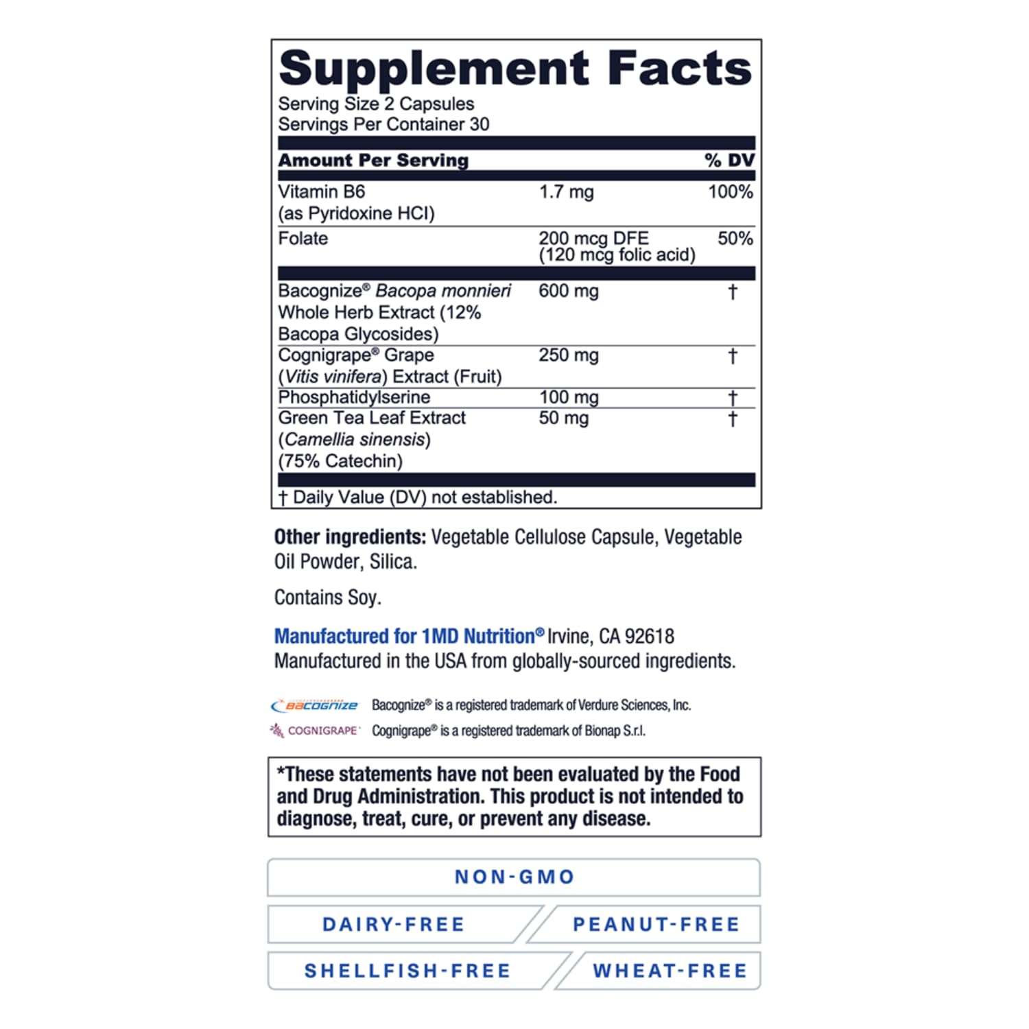1MD Nutrition MindMD - Brain Supplement for Memory and Focus - Bacopa Monnieri for Nootropic Brain Support - Brain Health Supplement for Adults - with Vitamin B6 & Green Tea Extract - 60 Caps 1MD Nutrition uk supplements