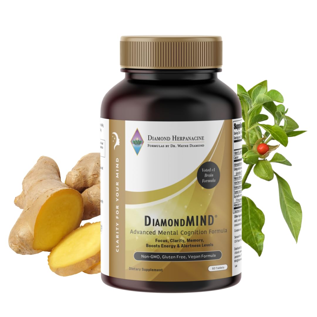 DiamondMIND Brain Support Supplement - Natural Formula for Mental Energy & Cognitive Function - Focus, Clarity, and Memory Supplement - Less Mental Stress - Vegan, Gluten-Free, Dairy-Free - (60 Count) Herpanacine uk supplements