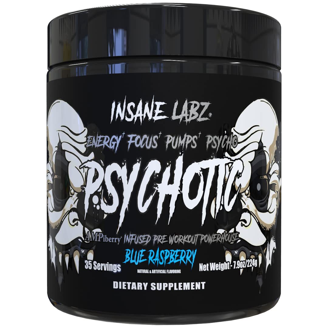 Insane Labz Psychotic Black Edition Mid Stimulant Pre Workout Powder, Energy Focus Pumps, Loaded with Creatine Beta Alanine Taurine Fueled by AMPiberry, 35 Servings (Blue Raspberry) Insane Labz uk supplements