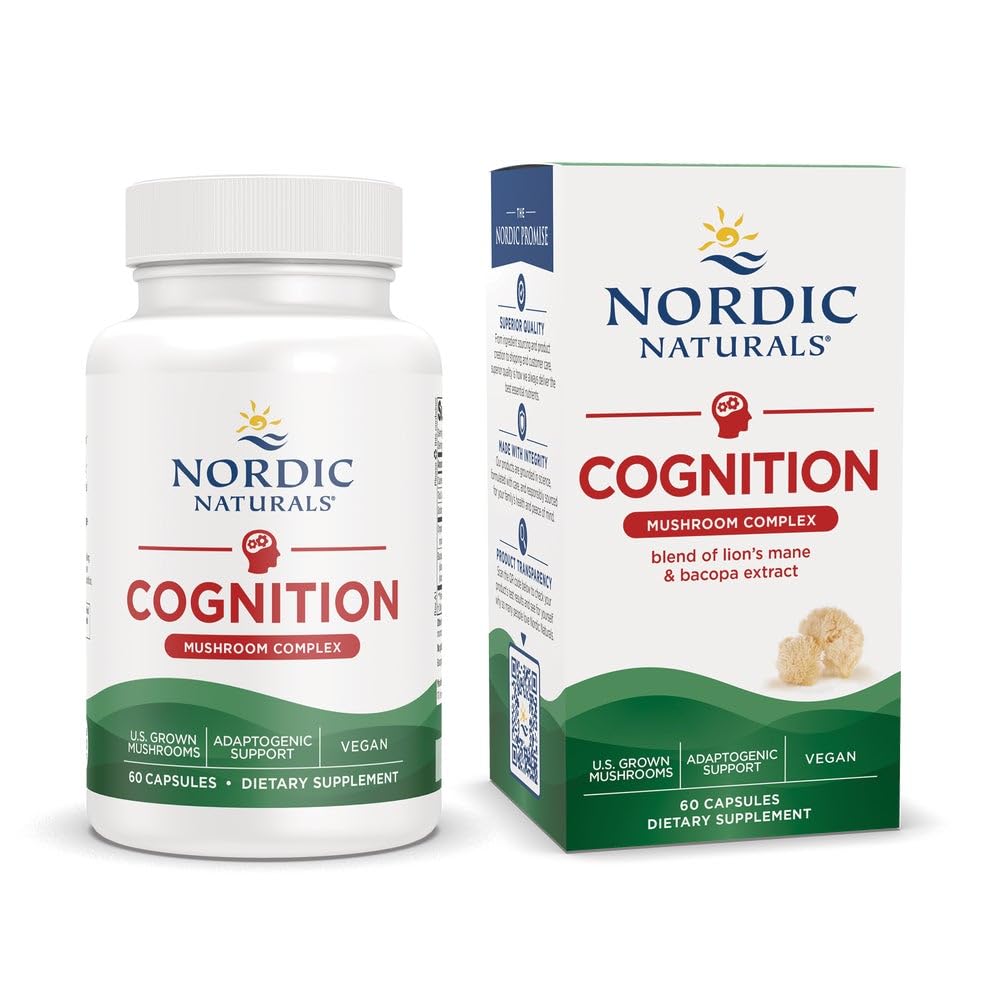 Nordic Naturals Cognition Mushroom Complex, Unflavored - 60 Capsules - Brain, Memory & Mood Support - Blend of Lion’s Mane Mushroom & Bacopa Extract - Non-GMO - Certified Vegan - 30 Servings Nordic Naturals uk supplements