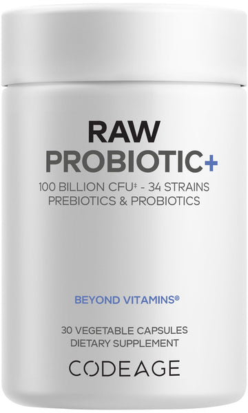 Codeage Raw Probiotic+ Supplement - 34 Probiotic Strains, 100 Billion CFUs, Raw Whole Food Probiotics, Digestive Enzymes, Raw Fruits & Veggies Prebiotics - Wild Kefir Culture - Non-GMO - 30 Capsules Codeage uk supplements