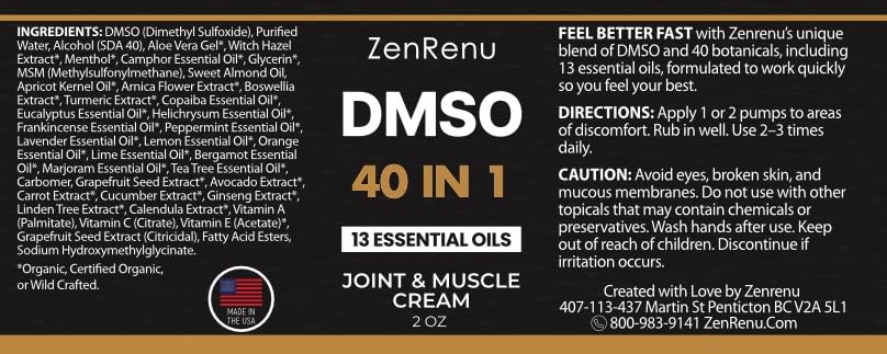 Zenrenu DMSO Cream 99.995% Pure Pharmaceutical Grade - 40-in-1 Advanced Formula -12 Essential Oils, Arnica, Aloe Vera, MSM - Fast-Absorbing Cream – 2 oz Glass Pump Bottle – Made in USA Zenrenu uk supplements