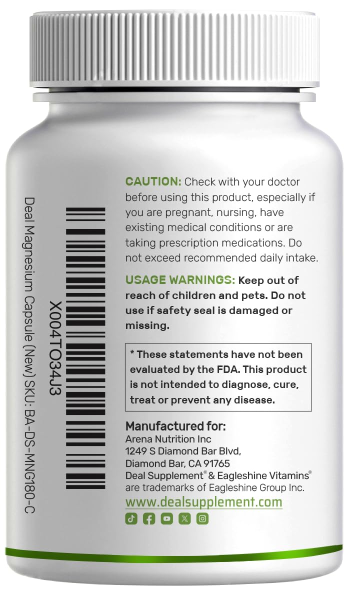 Deal Supplement Magnesium Glycinate 500mg, 240 Veggie Capsules | 100% Chelated for Easy Absorption | Essential Mineral Supplement | Non-GMO, Gluten-Free DEAL SUPPLEMENT uk supplements