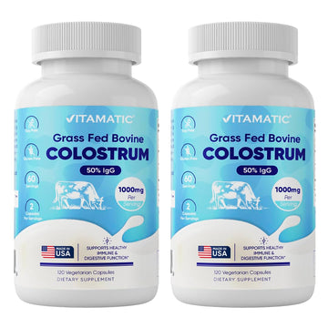 Vitamatic Bovine Colostrum Supplement 1000 mg per Serving - 50% Highest IgG - Supplement for Gut Health, Hair Growth, Beauty, Muscle Recovery, & Immune Support - 120 Capsules - 2 Pack Vitamatic uk supplements