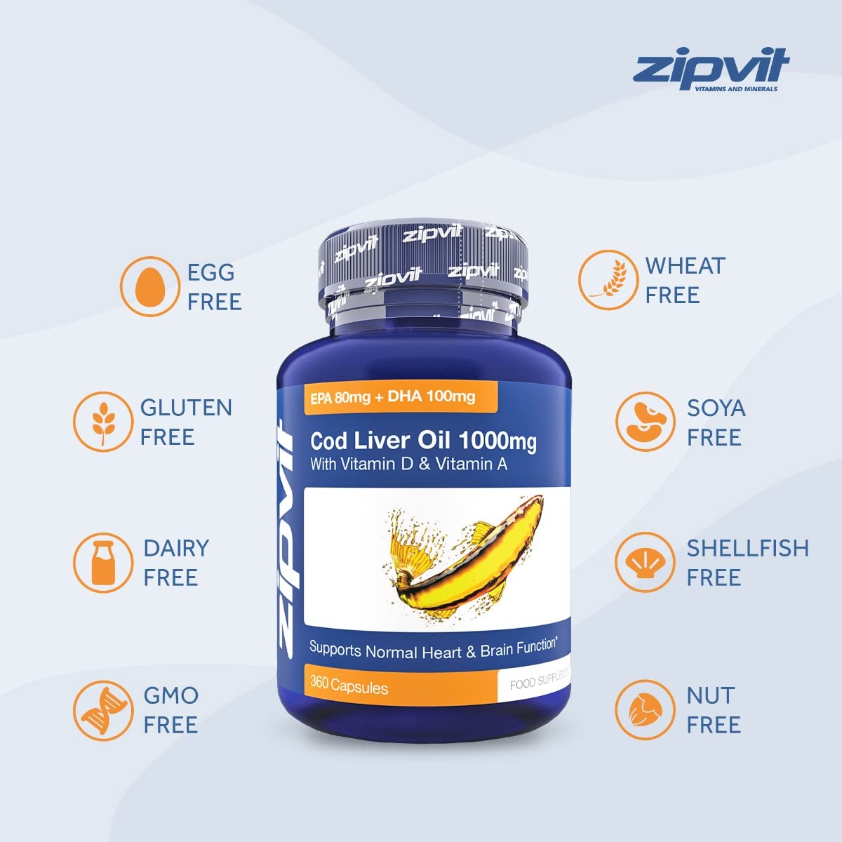Cod Liver Oil 1000mg, 360 Capsules of High Strength Fish Oil, Rich in Omega 3. Supports Zipvit uk supplements