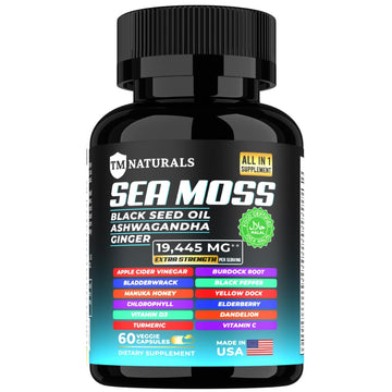 TM NATURALS Sea Moss with Black Seed Oil, Vitamin C, Ashwagandha and Turmeric for Immune Support & Energy - 60 Vegan Capsules + Free Pill Box TM NATURALS uk supplements