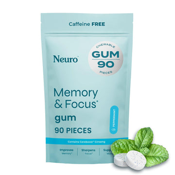 Neuro Memory & Focus Gum - Nootropic Gum with Vitamin B12, Vitamin B6, L-Theanine & Ginseng Extract - Natural Brain Support Supplement - Vegan, Caffeine & Sugar Free Chews - Peppermint, 90 ct Neuro uk supplements