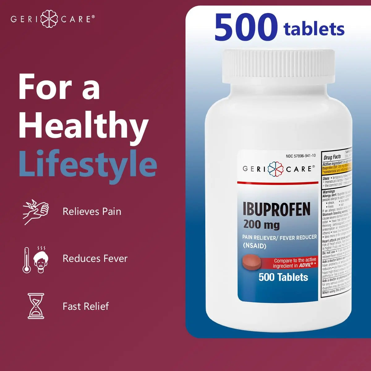 GeriCare Ibuprofen 200mg, Pain Reliever, Fever Reducer, Relieves Body Aches, 500 Count (Pack of 1) GeriCare uk supplements