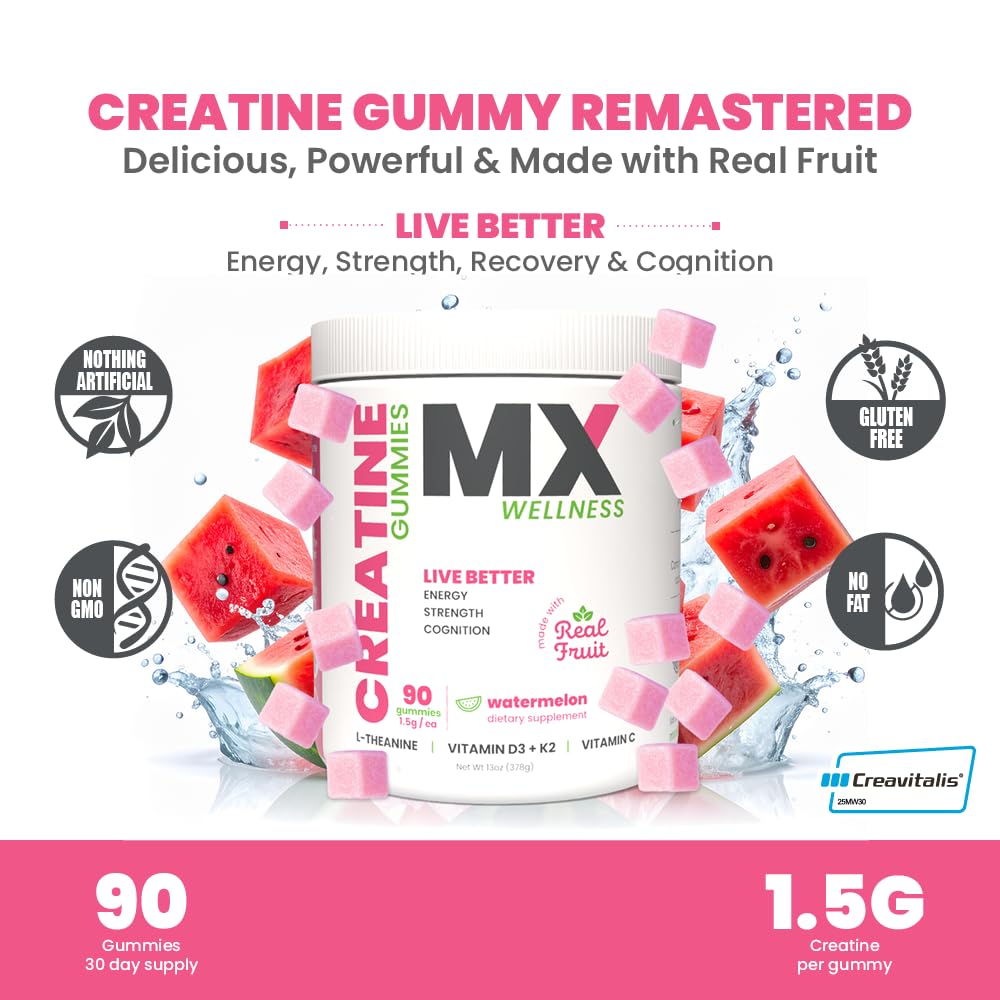 MX Wellness Creatine Monohydrate Gummies for Men & Women – Real Fruit Gummy Supplement for Muscle Growth, Recovery, Longevity, Cognitive Health & Memory – 90 Chews (90 Gummies, Watermelon) MX Wellness uk supplements