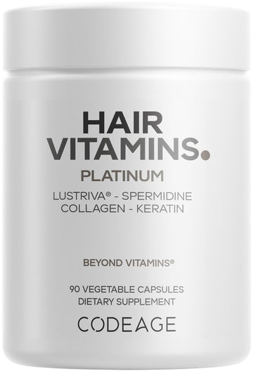 Codeage Hair Vitamins Platinum - Lustriva Hair Growth Support, Spermidine, AstraGin, Biotin, Keratin, Collagen, Enzymes, Omega-3, Multivitamins, Probiotics – Healthy Hair Supplement - 90 Capsules Codeage uk supplements