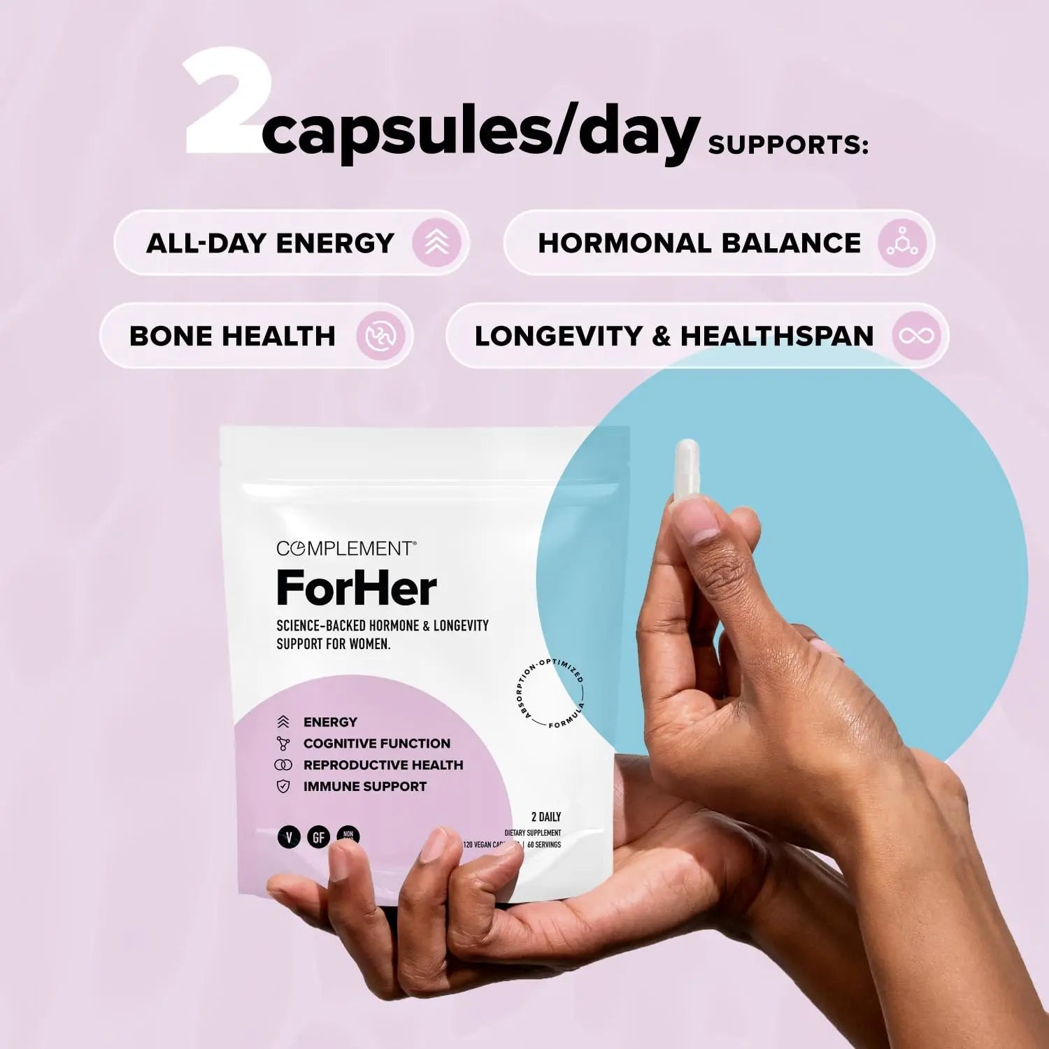 Complement ForHer Multivitamin - Hormone Balance for Women (60 Servings) Inositol Supplement, Longevity Support- B9, Iron - 120 Capsules Complement uk supplements