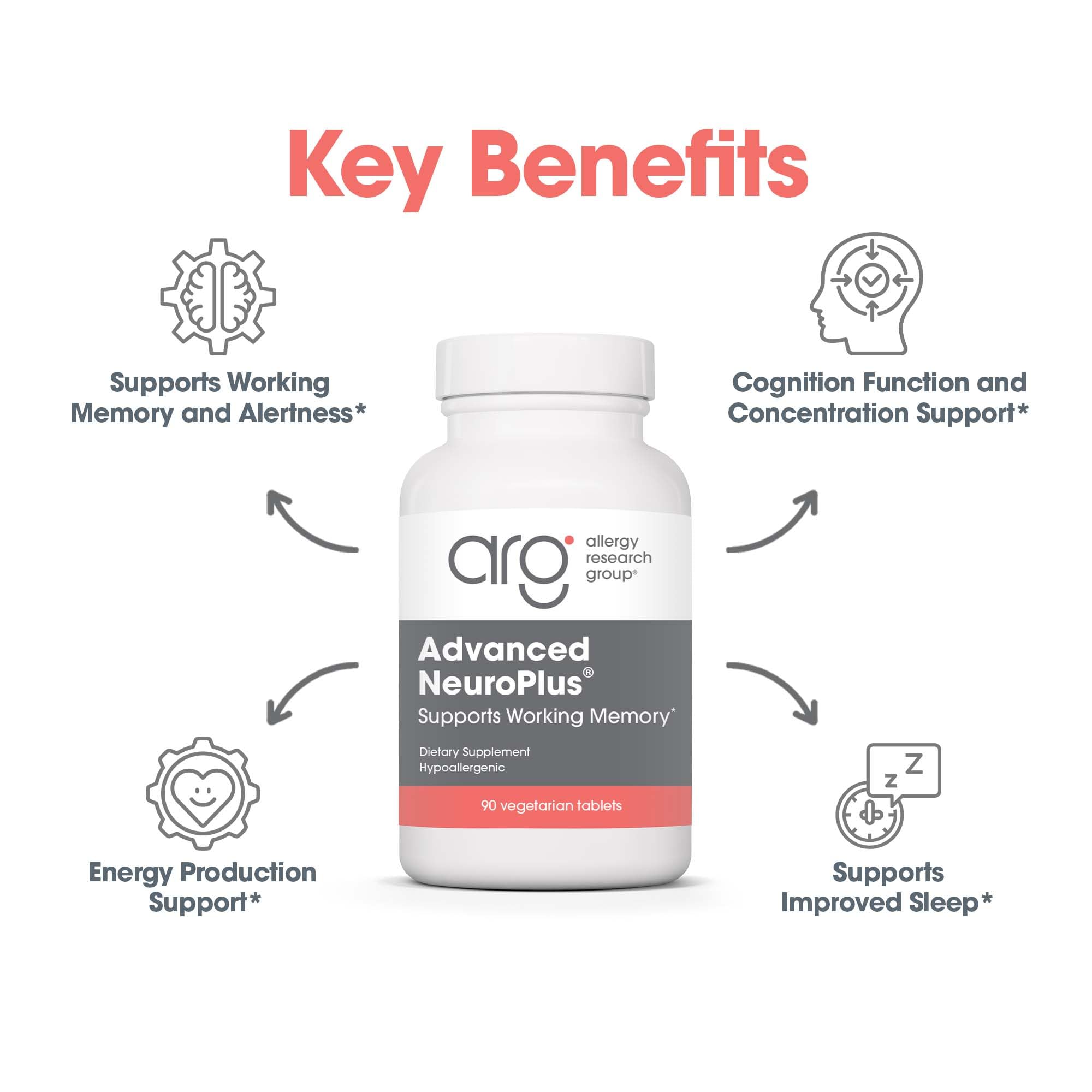 Allergy Research Group Advanced NeuroPlus - Nootropic Formula with Spearmint Extract, Lions Mane & Citicoline - Supports Working Memory Focus & Cognitive Function - 30 Servings - 90 Tablets Allergy Research Group uk supplements
