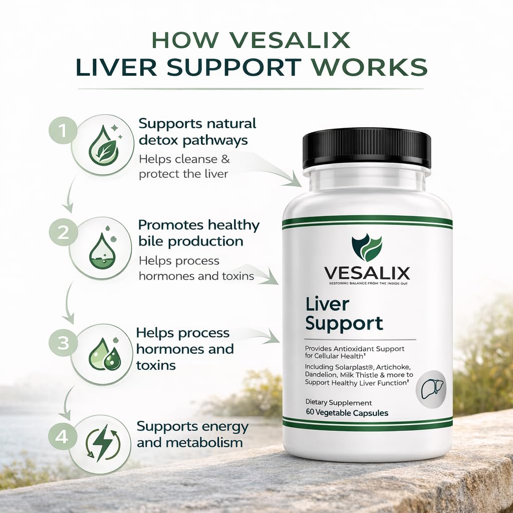 VESALIX Liver Support Supplement for Adults 40+ – Milk Thistle, Artichoke & Dandelion with Digestive Enzymes – Supports Digestion & Cellular Health – 60 Vegetarian Capsules VESALIX uk supplements