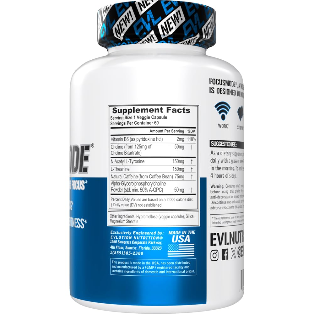 Evlution Nutrition Mental Energy and Focus Supplement for Adults - Nootropics Brain Support Supplement with Caffeine L Theanine Alpha GPC and L-Tyrosine - Focus Pills for Sustained Peak Performance Evlution uk supplements