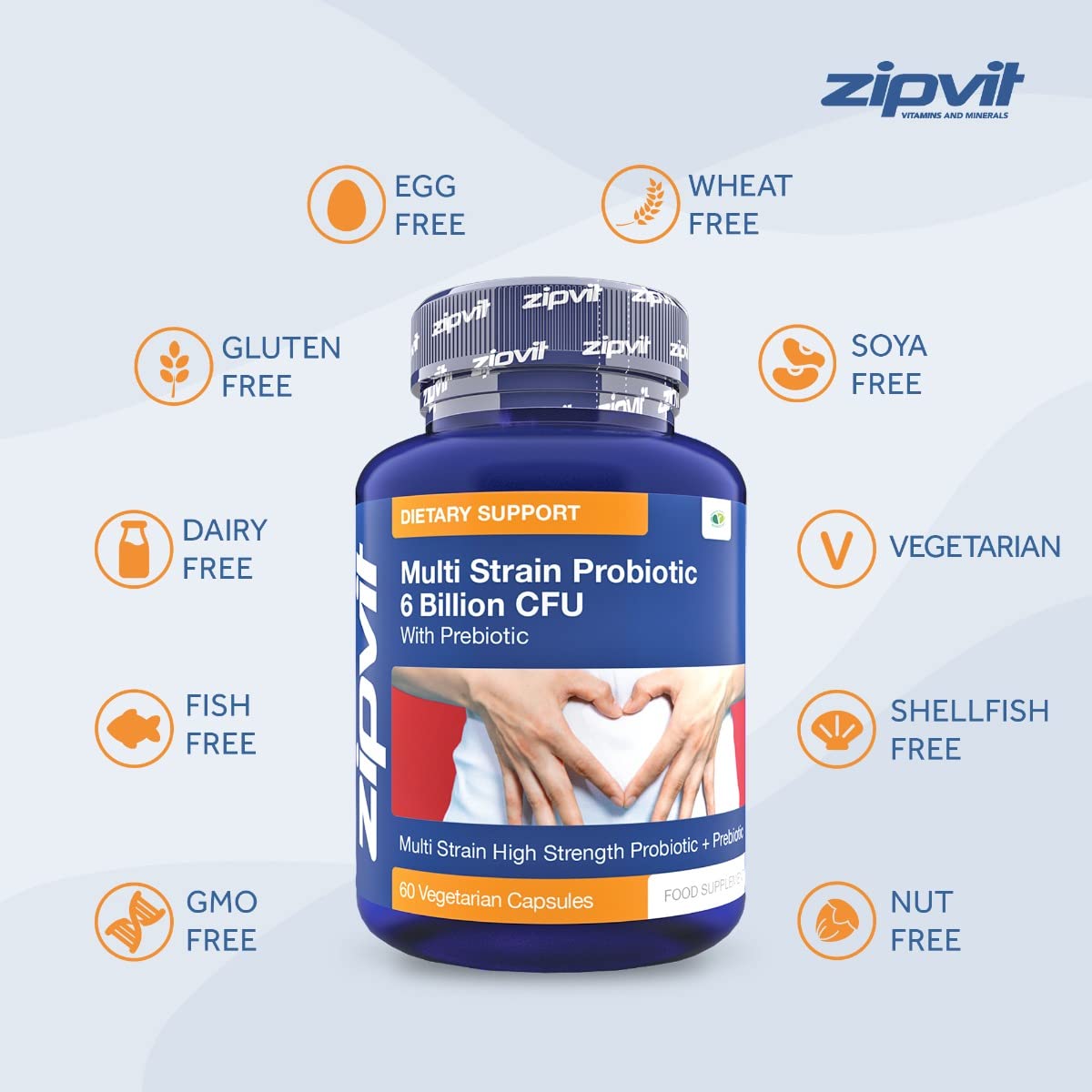 Probiotic 6 Billion Multi-Strain Live Bio Cultures Complex with Prebiotic, 60 Vegetarian Zipvit uk supplements