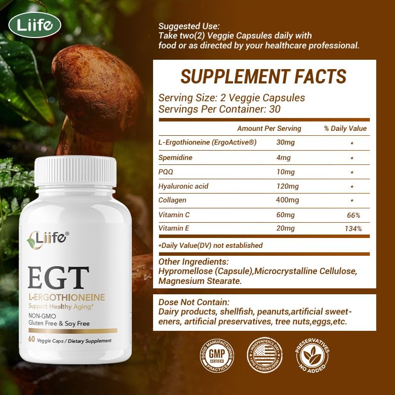 LIIFE L-Ergothioneine Supplement (EGT) 30mg,Compound Antioxidant Supplement (May Support Longevity and Healthy Aging) Promotes Skin Health，60 Capsules，Non-GMO, Gluten Free, Vegan Safe LIIFE uk supplements