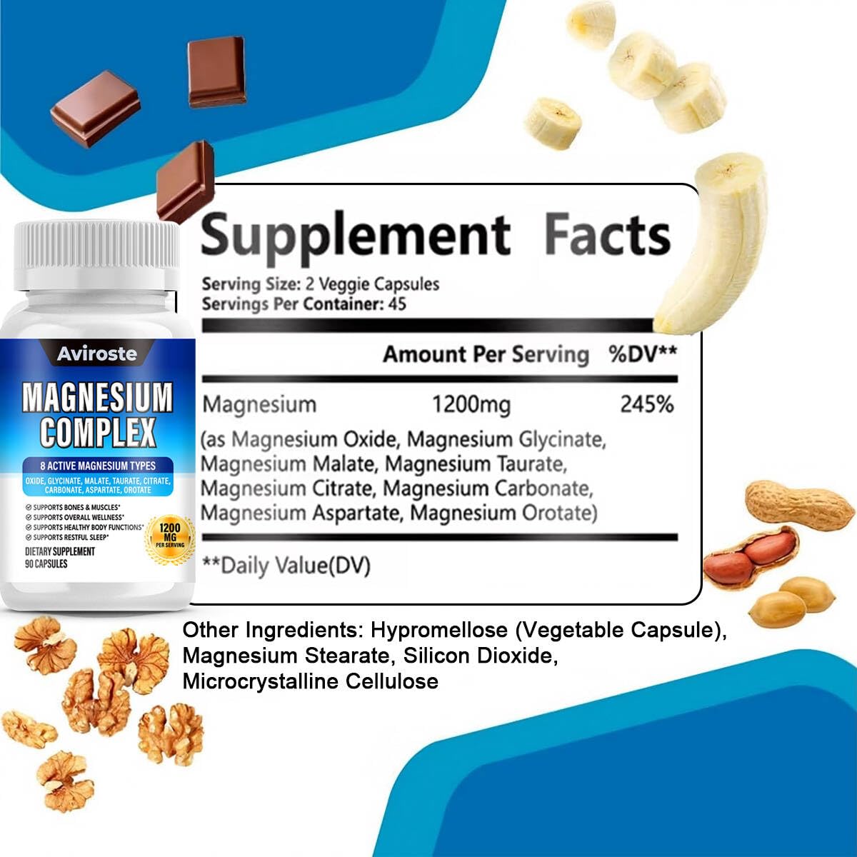 8 in 1 Magnesium Complex Supplement - 8 Elemental 1000mg - Magnesium Glycinate, Citrate, Malate, Taurate - High Absorption,for Muscle, Nerve & Sleep Support - 90 Capsules Aviroste uk supplements