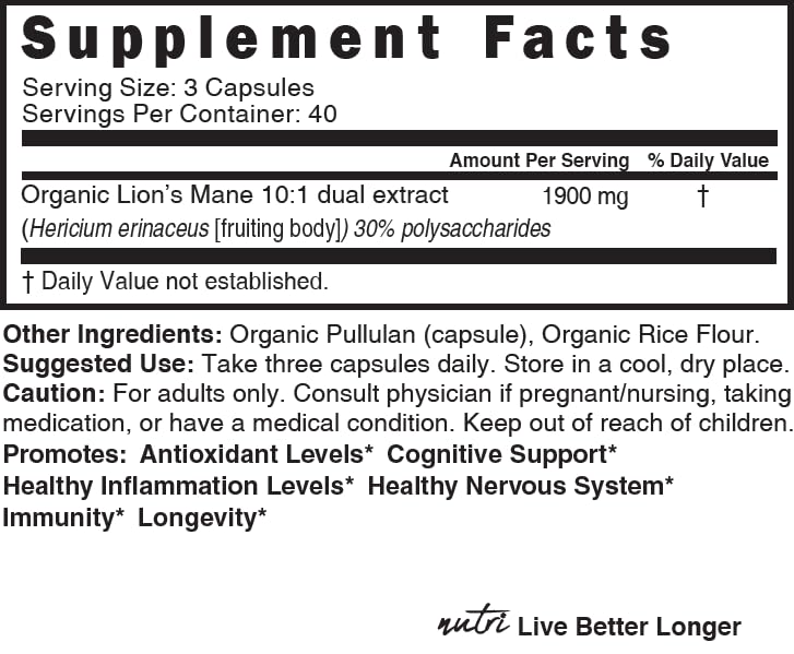Nutri Organic Lions Mane Supplement Capsules - 1900 mg, 10:1 Dual Extraction, 120 Count Nature's Fusions uk supplements