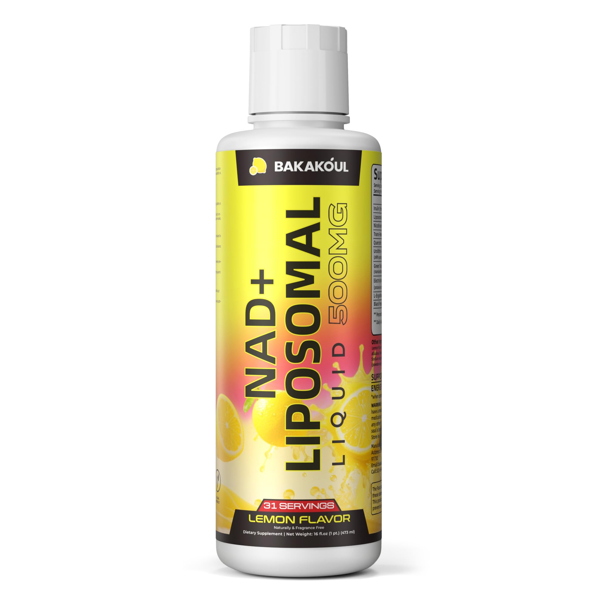Liposomal NAD+ Liquid Supplement - Designed to Help Support Absorption - Nhanced Cellular Uptake, Helps Support Normal Cellular Health, Supports Cellular Energy Metabolism and Vitality - Lemon Flavor BAKAKOUL uk supplements