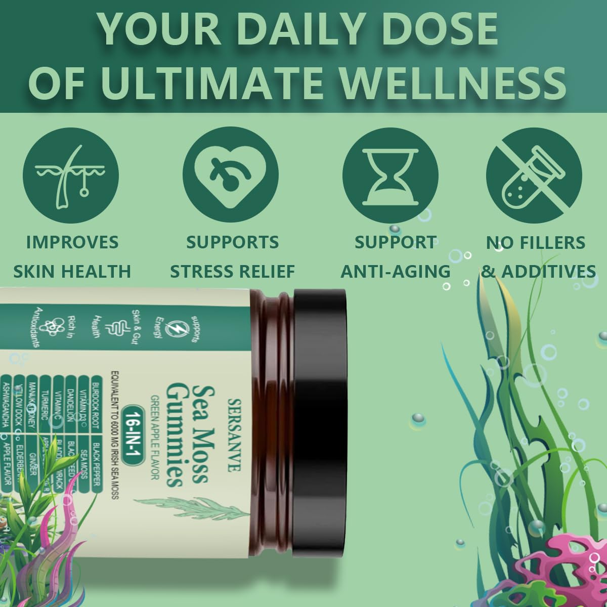 Sea Moss Gummies 16-in-1, with Black Seed Oil, Ashwagandha & Elderberry | Organic Irish Sea Moss Supplement for Men & Women | Daily Support with Manuka, Burdock Root & Vitamins C & D3, 30 Gummies SERSANVE uk supplements