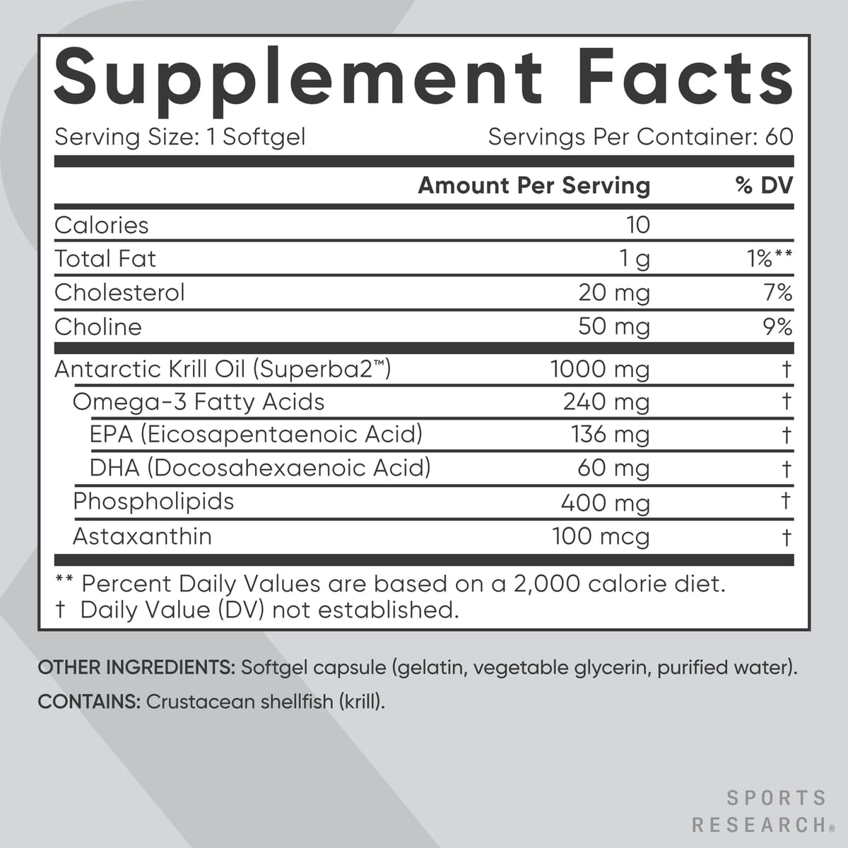Sports Research® Omega-3 Krill Oil 1000mg - Pure Antarctic Superba Krill with Phospholipids, Choline & Astaxanthin - MSC Certified Sustainable · Non-GMO · Gluten Free - 60 Softgels Sports Research uk supplements