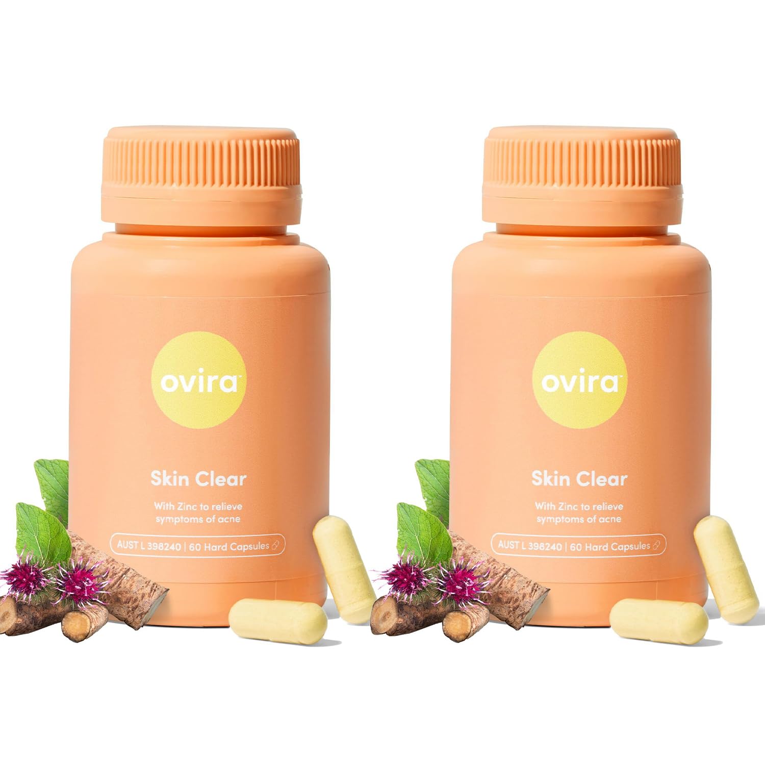 Ovira Skin Clear with ZINCBRIGHT - 60 Capsules for Clear and Glowing Skin | Rosacea & Hormonal Acne Treatment | Support Collagen Production | Acne Supplements for Women & Men - Pack of 2 Ovira uk supplements