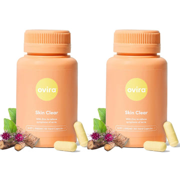 Ovira Skin Clear with ZINCBRIGHT - 60 Capsules for Clear and Glowing Skin | Rosacea & Hormonal Acne Treatment | Support Collagen Production | Acne Supplements for Women & Men - Pack of 2 Ovira uk supplements