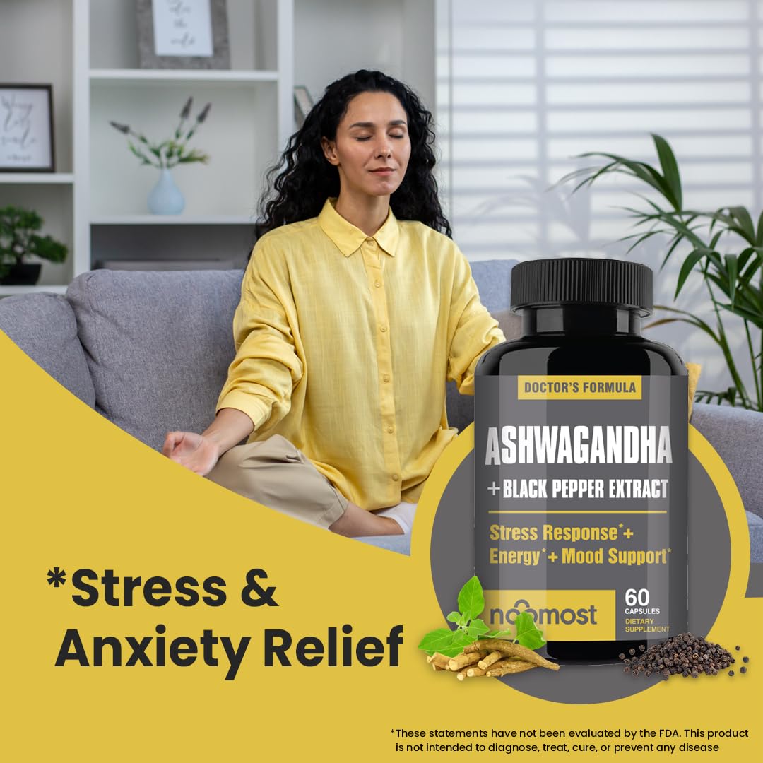 NooMost Organic Ashwagandha 400mg Capsules w/Black Pepper Extract as Vegan Ashwagandha Supplements for Anti Stress Relief, Natural Mood Support, Energy & Focus-60 Capsules NooMost uk supplements