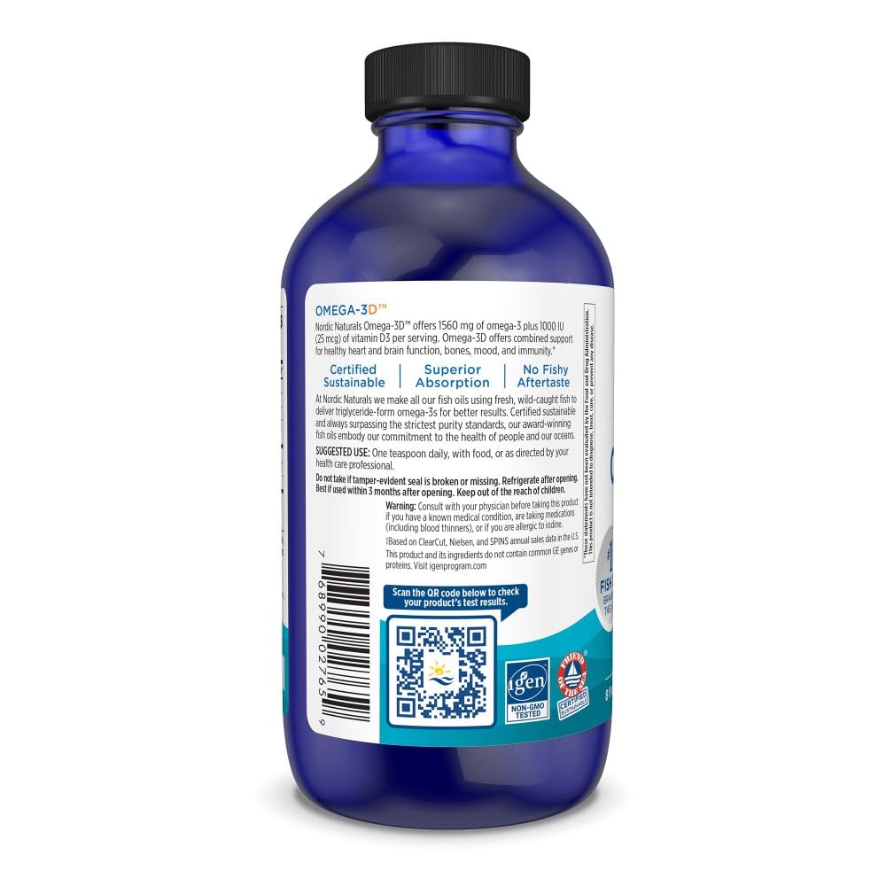 Nordic Naturals Omega-3D, Lemon Flavor - 8 oz - 1560 mg Omega-3 + 1000 IU Vitamin D3 - Fish Oil - EPA & DHA - Immune Support, Brain & Heart Health, Healthy Bones - Non-GMO - 48 Servings Nordic Naturals uk supplements