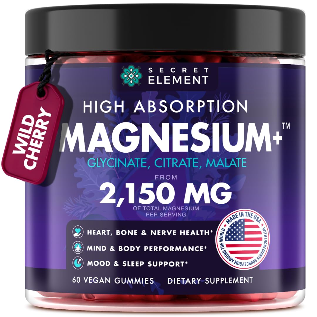 Magnesium Glycinate 2150 MG Gummies, High Absorption Magnesium Glycinate, Citrate & Malate, Sugar-Free, Vegan, Chews for Men & Women, 60 Gummies, Cherry Flavor– 60 Wild Cherry Flavor Chews Secret Element uk supplements