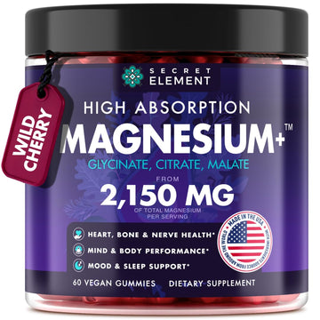 Magnesium Glycinate 2150 MG Gummies, High Absorption Magnesium Glycinate, Citrate & Malate, Sugar-Free, Vegan, Chews for Men & Women, 60 Gummies, Cherry Flavor– 60 Wild Cherry Flavor Chews Secret Element uk supplements