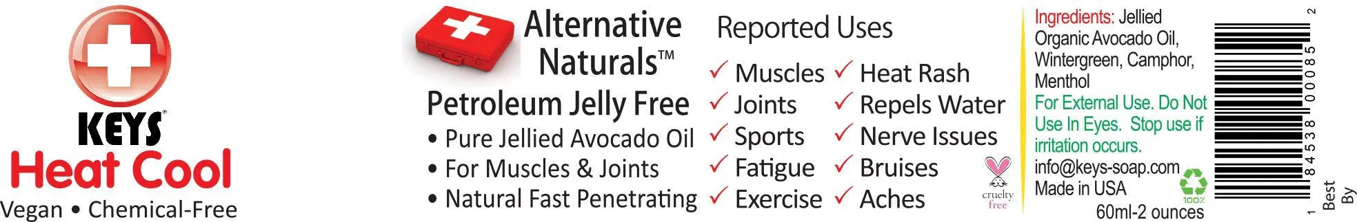 Keys Heat Cool Vegan, Chemical-Free, All Natural Therapy for Muscle Aches, Joints, and Sports Injuries made with Pure Organic Avocado Oil, Camphor, Menthol, and Wintergreen, No Petrolatum, 2 ounces Keys uk supplements