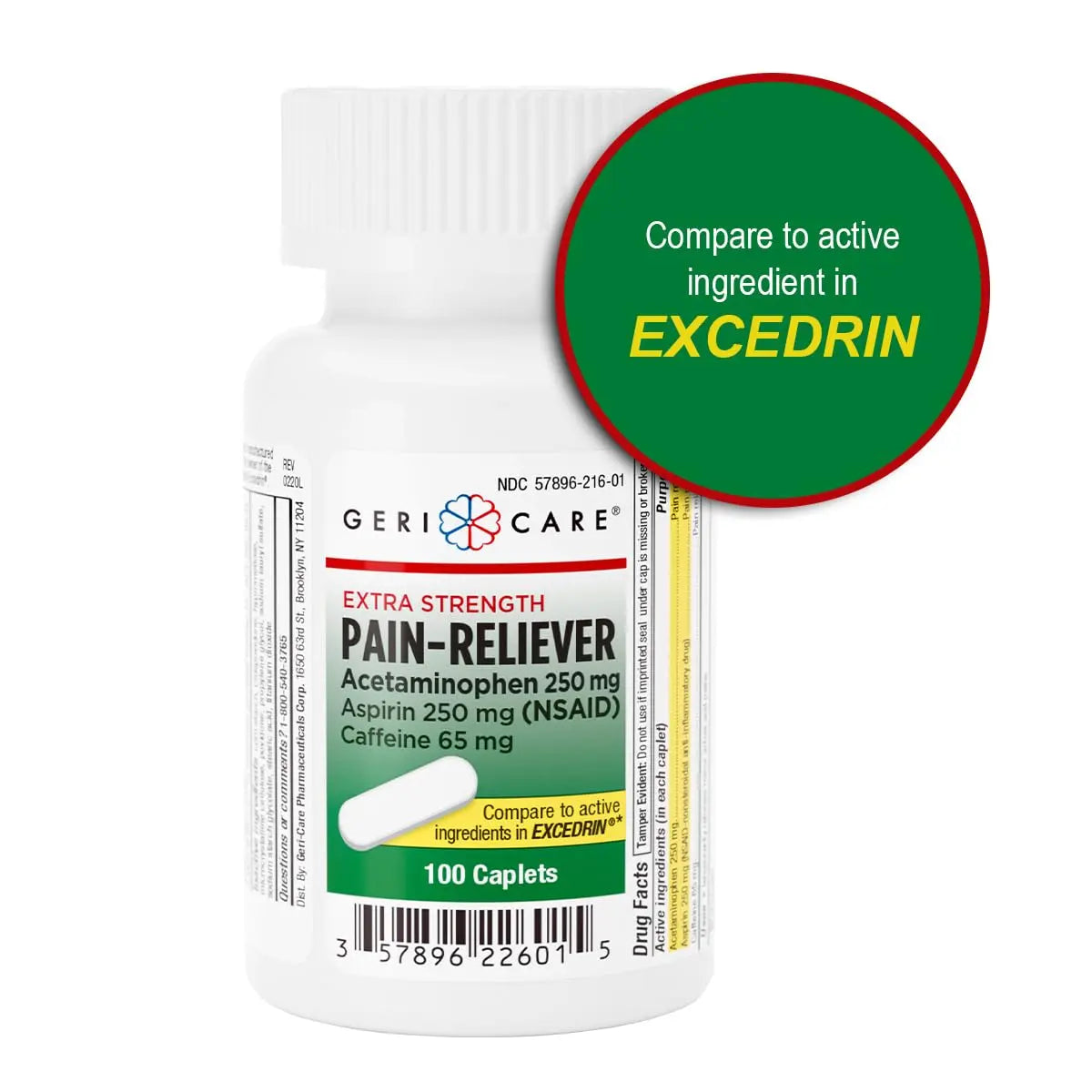 GeriCare Pain Reliever Extra Strength Caplets – 100 Count – Acetaminophen 250mg, Aspirin 250mg (NSAID), Caffeine 65mg – Powerful Triple-Action Formula for Headaches, Migraines & Minor Aches (2 Pack) GeriCare uk supplements