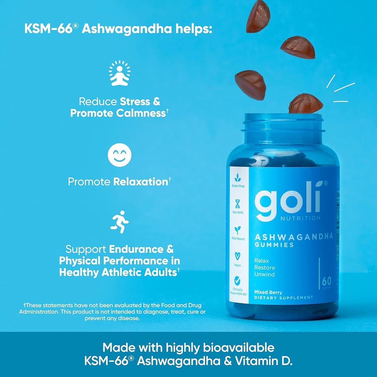 Goli Ashwagandha & Vitamin D Gummy - 60 Count - Mixed Berry, KSM-66, Vegan, Plant Based, Non-GMO, Gluten-Free & Gelatin Free Relax. Restore. Unwind, Pack of 1 Goli uk supplements