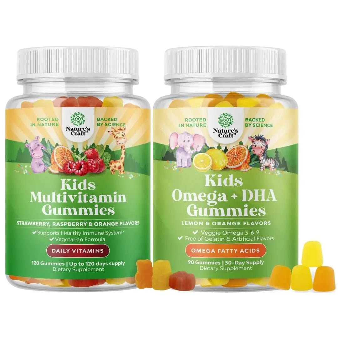 Bundle of Plant Based Kids Multivitamin Gummies with Vitamins A C D3 E B Zinc and DHA Omega 3 Gummies with Vegetarian 6 9 for Vision Brain Immunity Support Natures Craft uk supplements