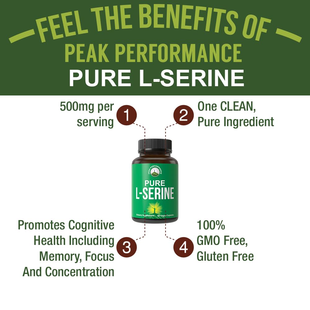 Peak Performance L-Serine Capsules 500mg Best Brain and Nootropic Amino Acids for Production of L-Cystine, L-Tryptophan and Serotonin. USA Grade L Serine Pills. Non-GMO Supplement (60 Servings) Peak Performance uk supplements