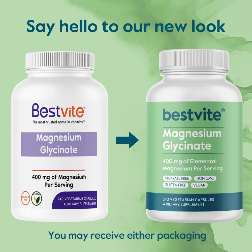 BESTVITE Filler-Free Magnesium Glycinate - 400mg of Magnesium per Serving (240 Veg Caps)- Chelated Bisglycinate for Muscle, Relaxation, Stress & Sleep Support* - For Men & Women - No Stearates - Vegan BESTVITE uk supplements
