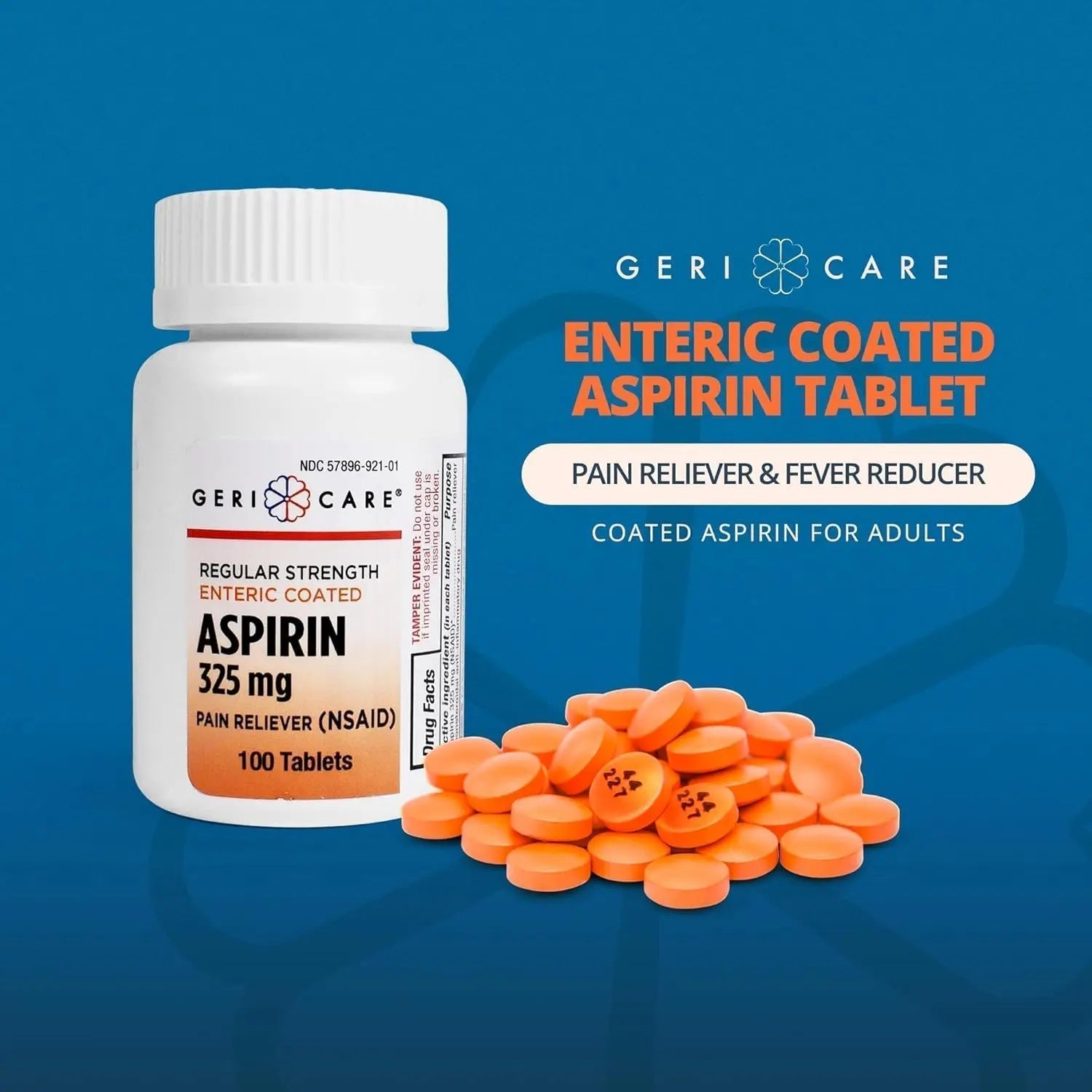 Enteric Coated Aspirin Tablets 325mg (100 Count) by GeriCare- NSAID Pain Reliever & Fever Reducer Coated Aspirin for Adults- Regular Strength Aspirin for Headache Arthritis Menstrual & Muscle Pain GeriCare uk supplements