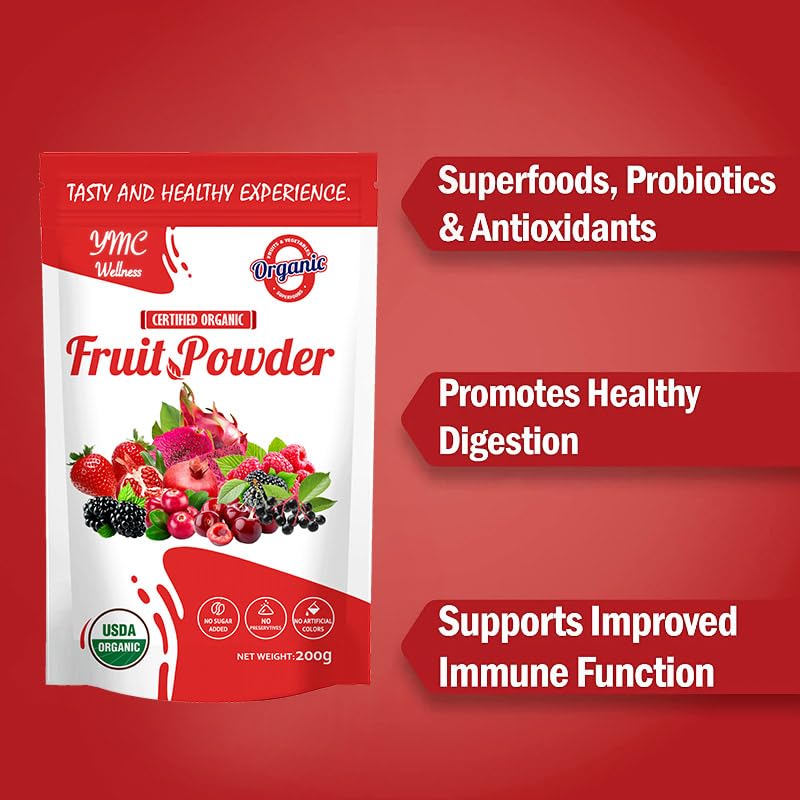 Organic Superfood Fruit Powder Smoothie & Juice mix - Antioxidants Rich Nutrients. Digestive Health, Weight Management, Immune Boosting, Energy boosting, Vitality, Vegan, Non- GMO, Gluten Free, Vegan. YMC Wellness uk supplements