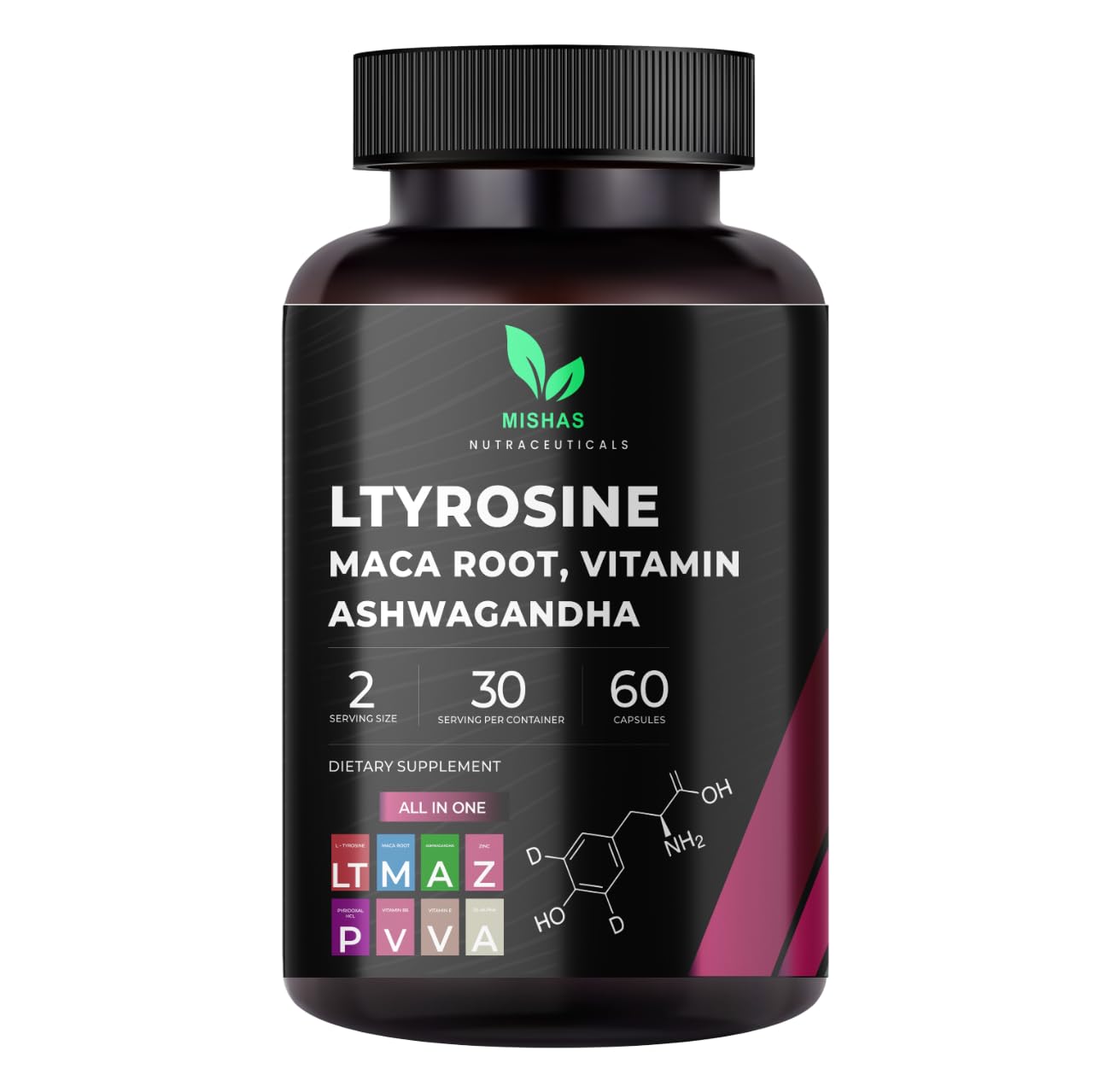 Mishas Nutraceuticals L-Tyrosine with Maca Root, Ashwagandha & Vitamins Complex – Energy, Mental Focus, Stress Relief & Immunity Support – 60 Capsules (30 Servings) Mishas uk supplements