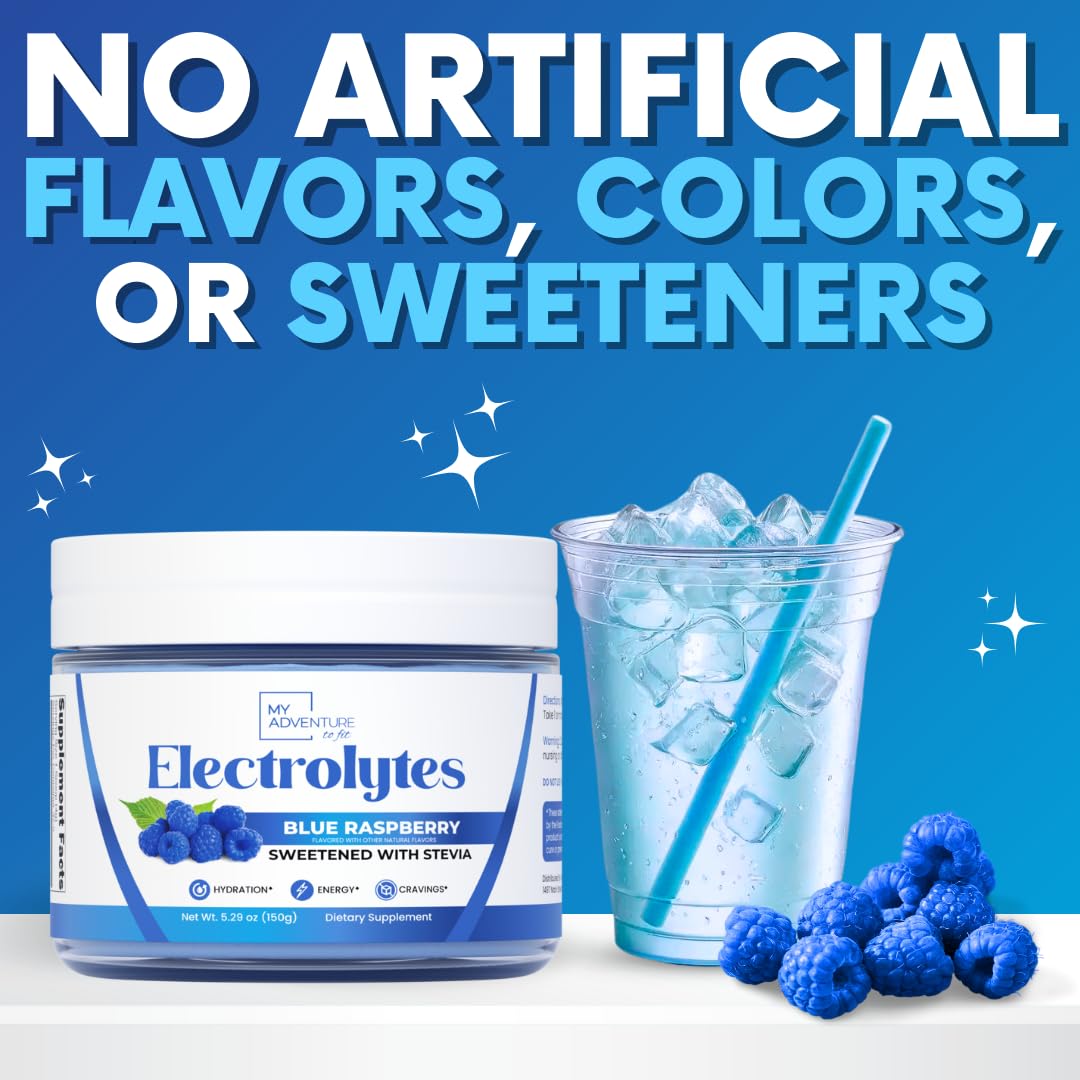 Zero Sugar - Blue Raspberry Electrolytes Powder - Refreshing Hydration - Caffeine Free Energy - All Natural Ingredients - Vegan, Keto and Paleo - Sugar Free Electrolyte Powder Drink Mix - 37 Servings My Adventure to Fit uk supplements