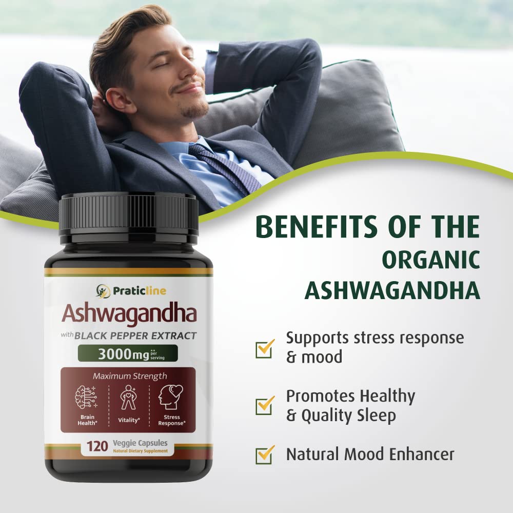 PRATIC LINE Ashwagandha Capsules 3,000 mg - 120 Vegan Cap Made with Organic PRATIC LINE uk supplements