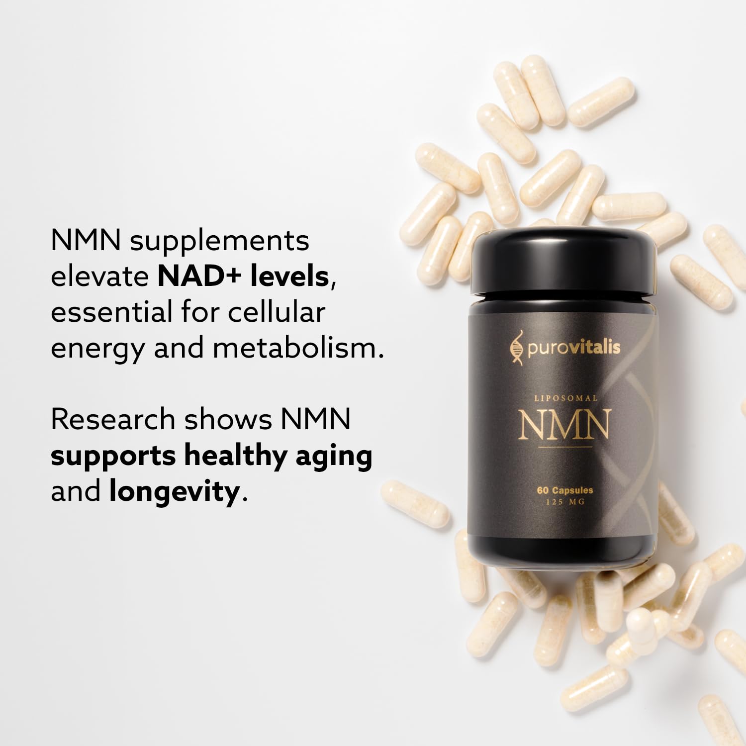 PUROVITALIS Liposomal NMN, 250mg Longevir Nicotinamide Mononucleotide Supplement, NAD+ Boost for Cellular Health, Energy & Healthy Aging, 1-Month Supply (60 Vegan Capsules) PUROVITALIS uk supplements