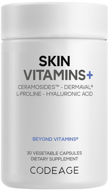 Codeage Skin Vitamins+ Supplement – Ceramosides, Dermaval, Hyaluronic Acid, Coffeeberry, Vitamin C – Skin Elasticity, Wrinkle & Moisture Support – Liposomal Delivery – Non-GMO, 30 Capsules Codeage uk supplements