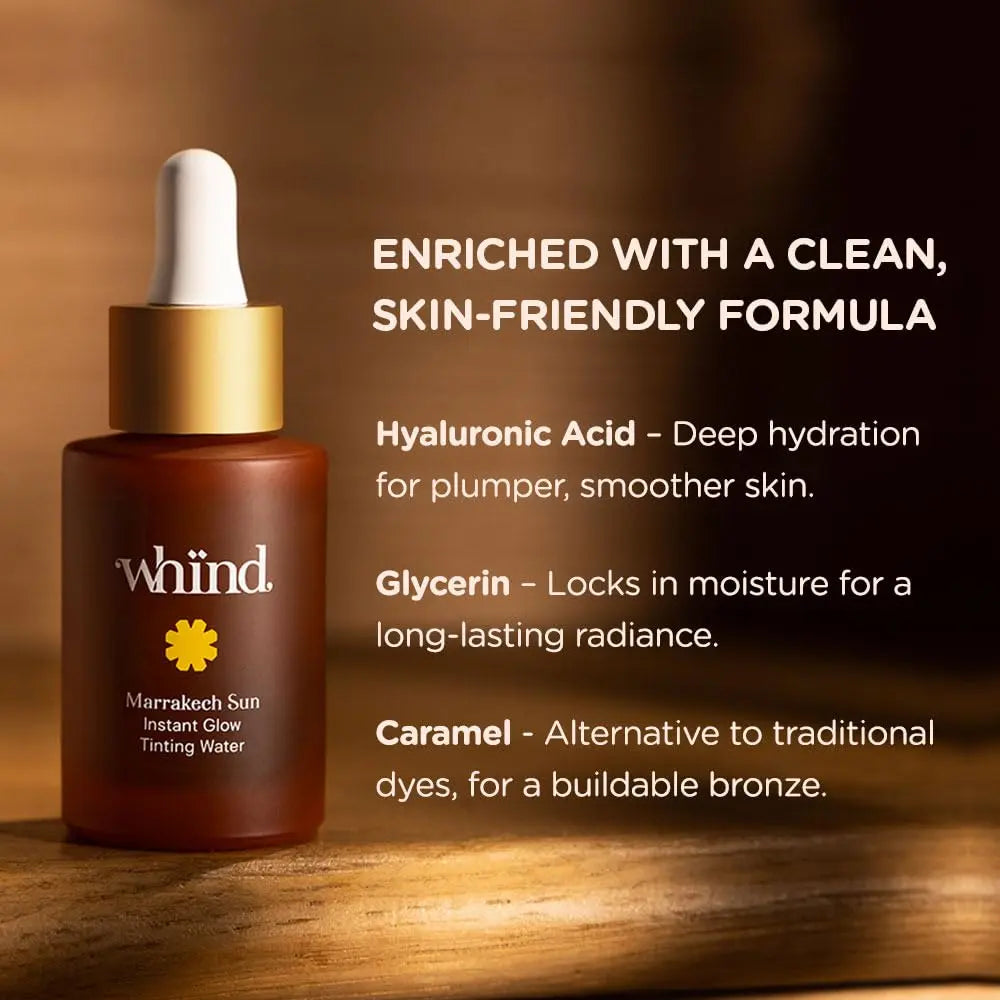 WHIND Marrakech Sun Instant Glow Tinting Water- Self Tanner Face Drops –Bronzing for Face –Lightweight Tanner/Natural Tan- Streak-Free Glow – Tan Drops for Radiant Skin - 1oz / 30ml WHIND uk supplements