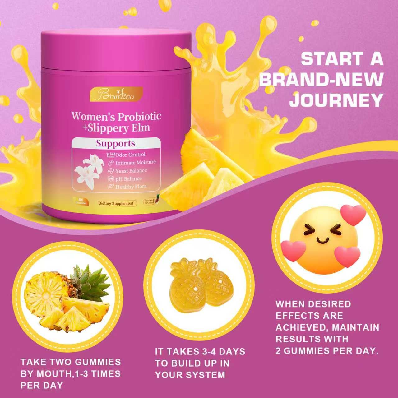 Brurtzexs Her Juicy Feminine Probiotics Gummies for Women with Slippery Elm - Pineapple Flavor, pH Balance & Immune Health Support - Digestive & Feminine Support - Vegan Supplement, 60 C Brurtzexs uk supplements